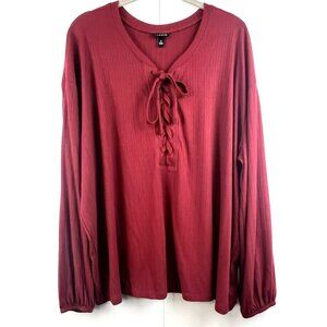 Torrid Women's Top Size 2X Burgundy Waffle Knit‎ Long Sleeve Pullover Tie Front